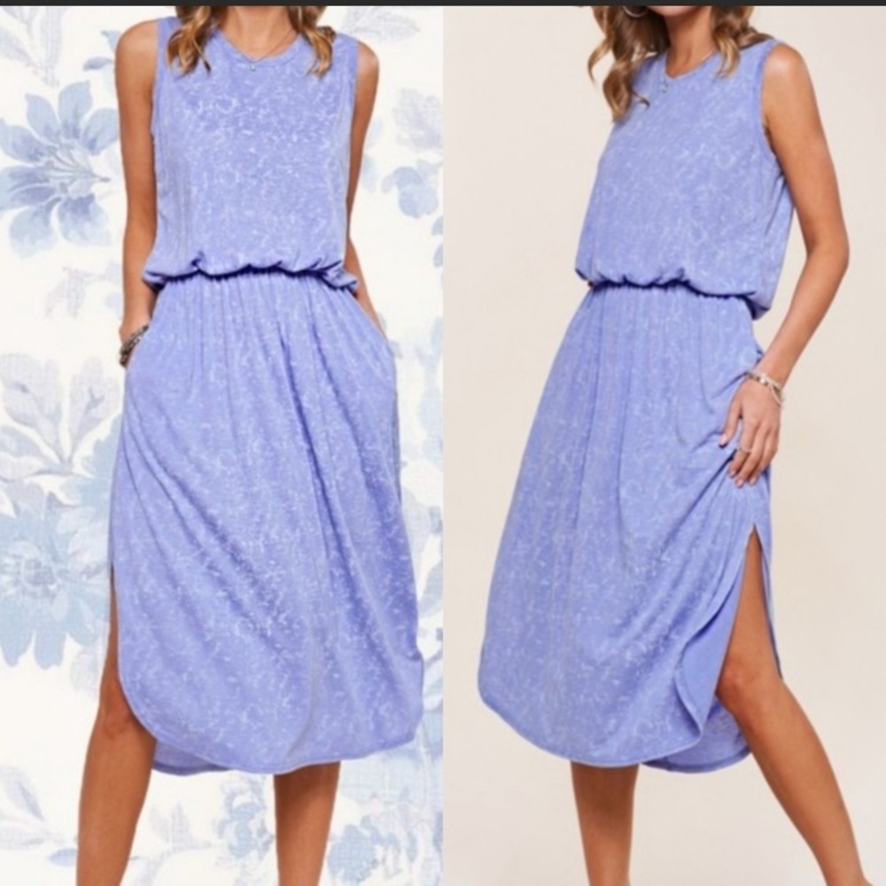 NWT La Miel Casual Lightweight Side Slit Summer Dress w/ Pockets Cornflower